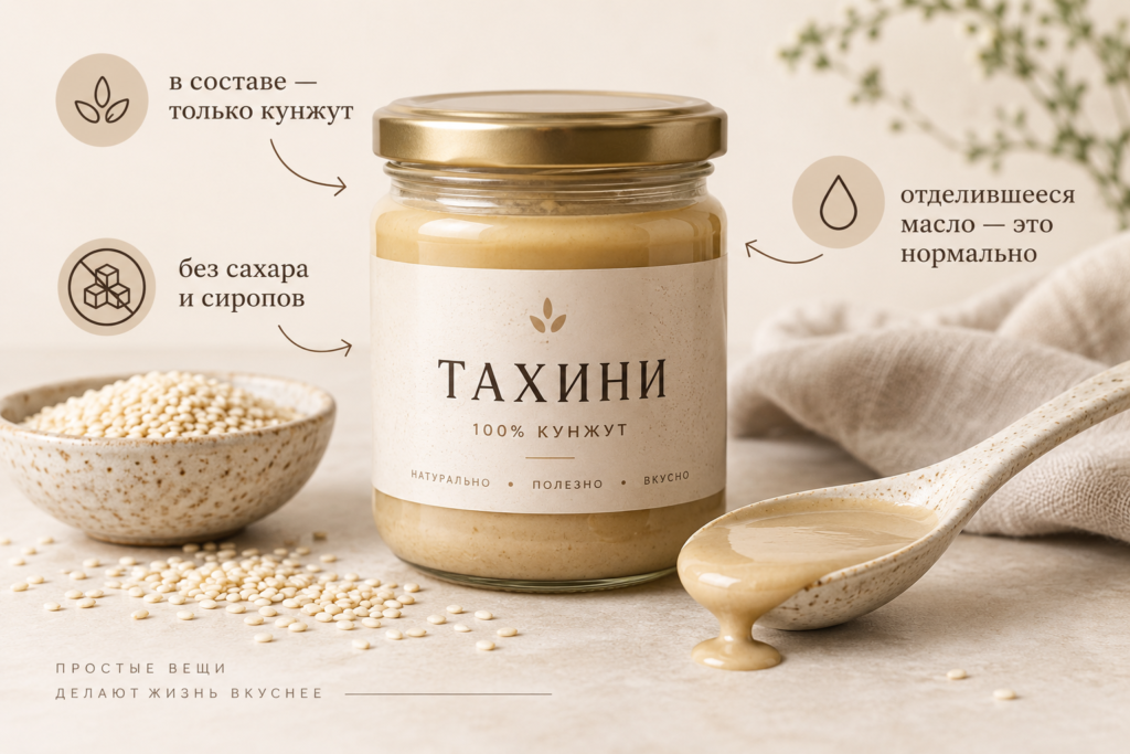 баночка тахини, в составе — только кунжут, отделившееся масло — это нормально